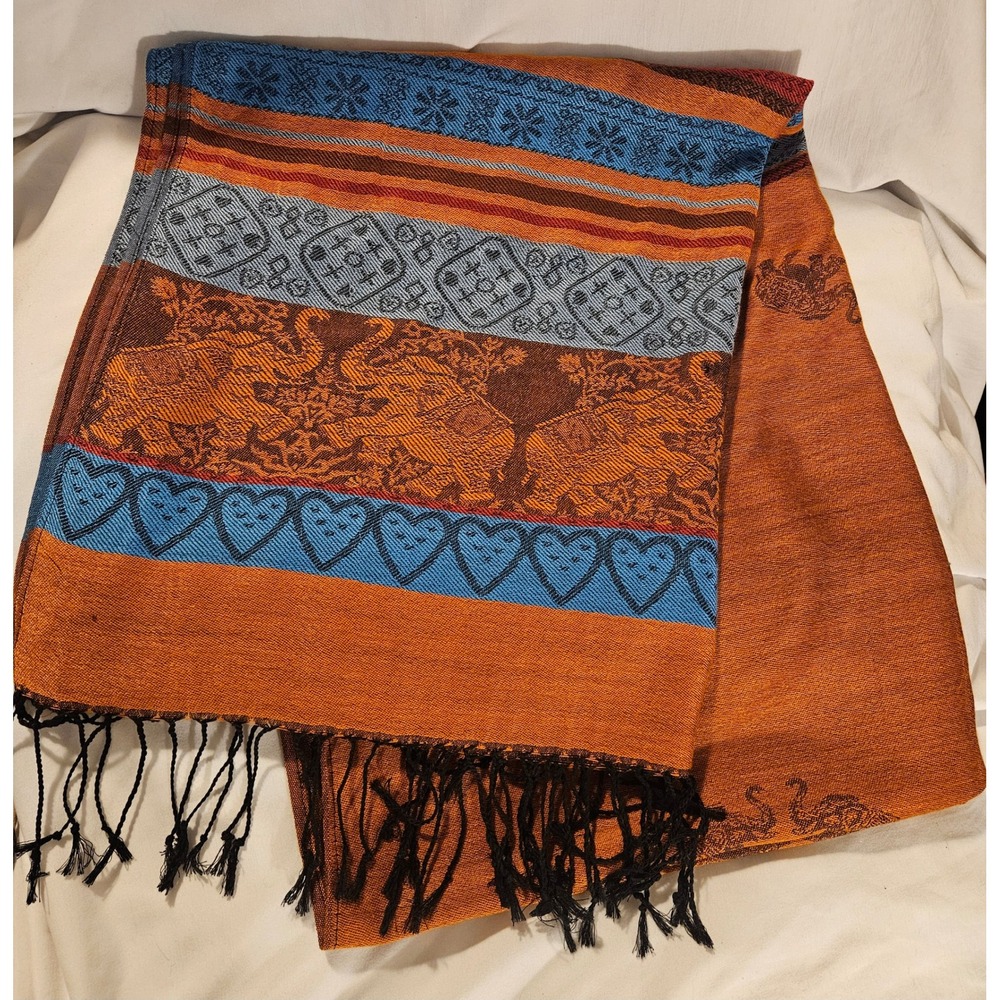 Pashmina 100% Cashmere Scarf Elephant Heart Jacquard Orange Blue Fringe Shawl